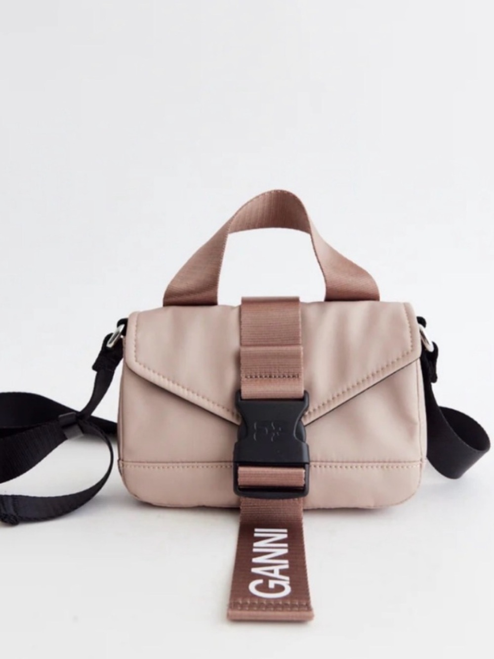 Ganni Blush Beige Crossbody Bag with Logo Strap